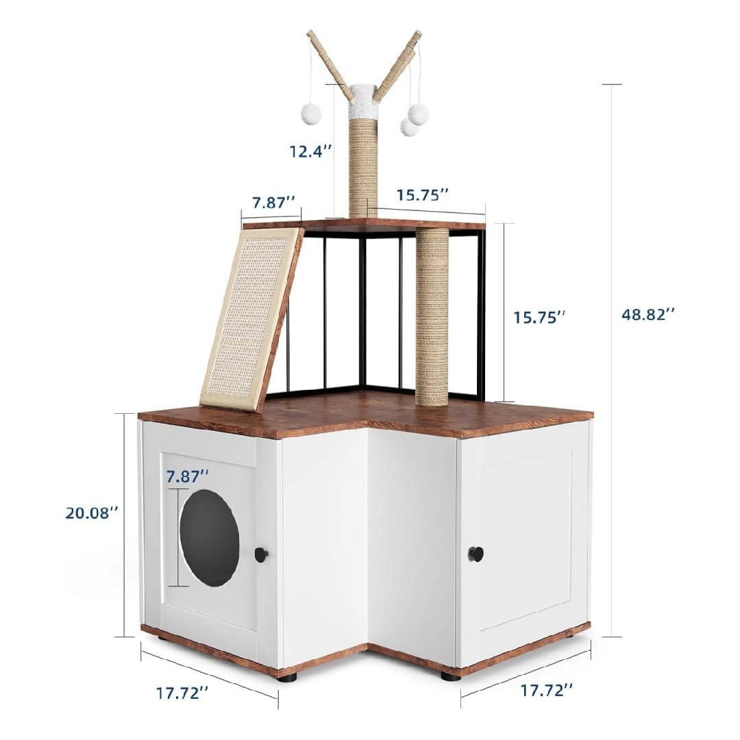 Pet Cat Litter Cabinet, Cat Litter Box Enclosure with Scratching Post, Hanging Balls, 2-in-1 L-Shaped Corner Cat Litterbox with Storage Cabinet