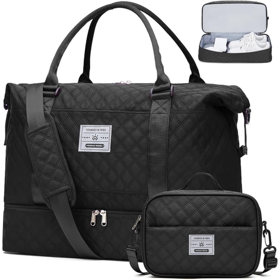 Weekender Bags for Women, Carry on Overnight Weekend Travel Duffel Bag with Shoes Compartment &Toiletry Bag, Personal Item Bag for Travel Business Trips Sport Hospital(Black)