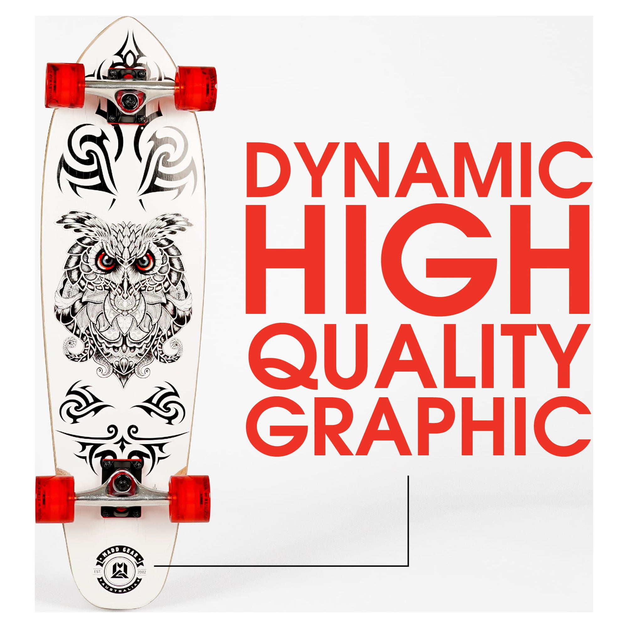 Madd Gear 32" Cruiser Skateboard - Hoot - 62mm Wheels with ABEC 7 Bearings