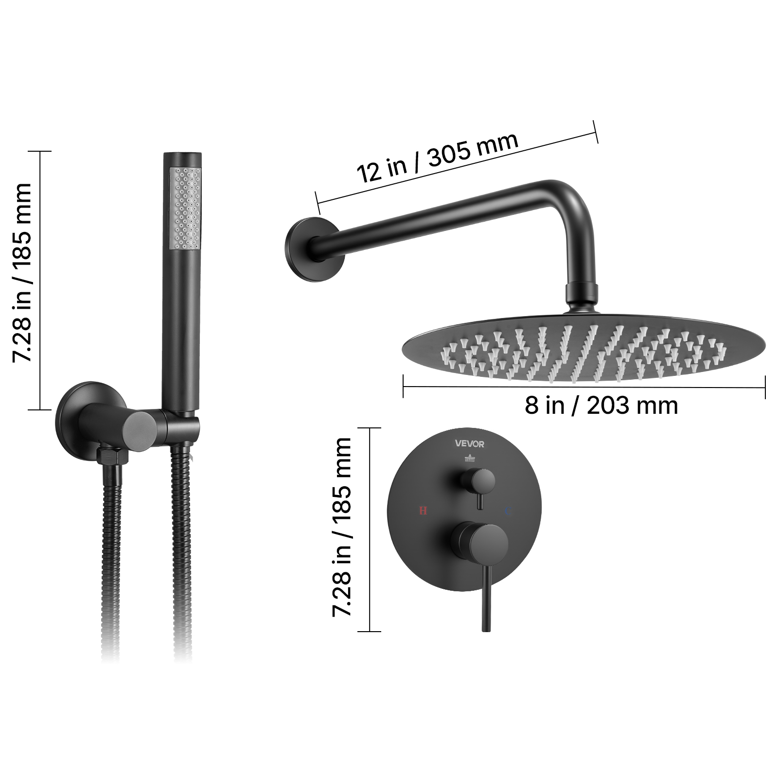 VEVOR Shower Faucet Set, Rainfall Bathroom Shower System with 8-Inch Round Rain Shower Head and Handheld Spray, Wall Mounted Bath Fixtures with Brass Valve and Trim Kit, Matte Black