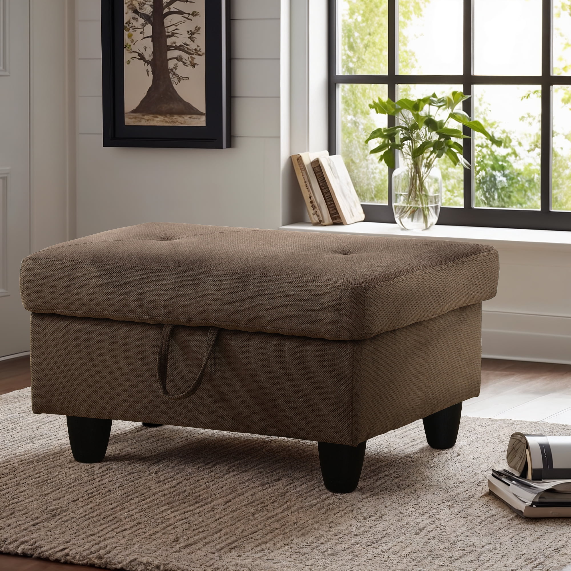 WRTEYEUI Ottoman Rectangular Storage Ottoman Bench, Flannel Footrest Stool Footstool with Lid for Living Room, Bedroom, Entryway, Dark Brown, 28.5"x19"x17.5"