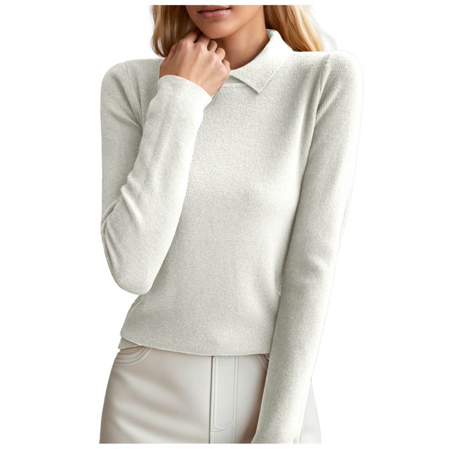 WEAIXIMIUNG Tricot à Col pour Femmes Ajusté Manches Longues Design Chemise Couleur Unie Chandail à Col