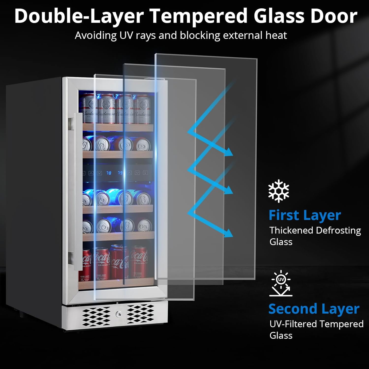 96 Can Beverage Refrigerator Cooler, Freestanding Small Mini Fridge in Stainless Steel with Digital Touch Screen, Low Noise Compressor Wine Refrigerator for Home, Office or Bar