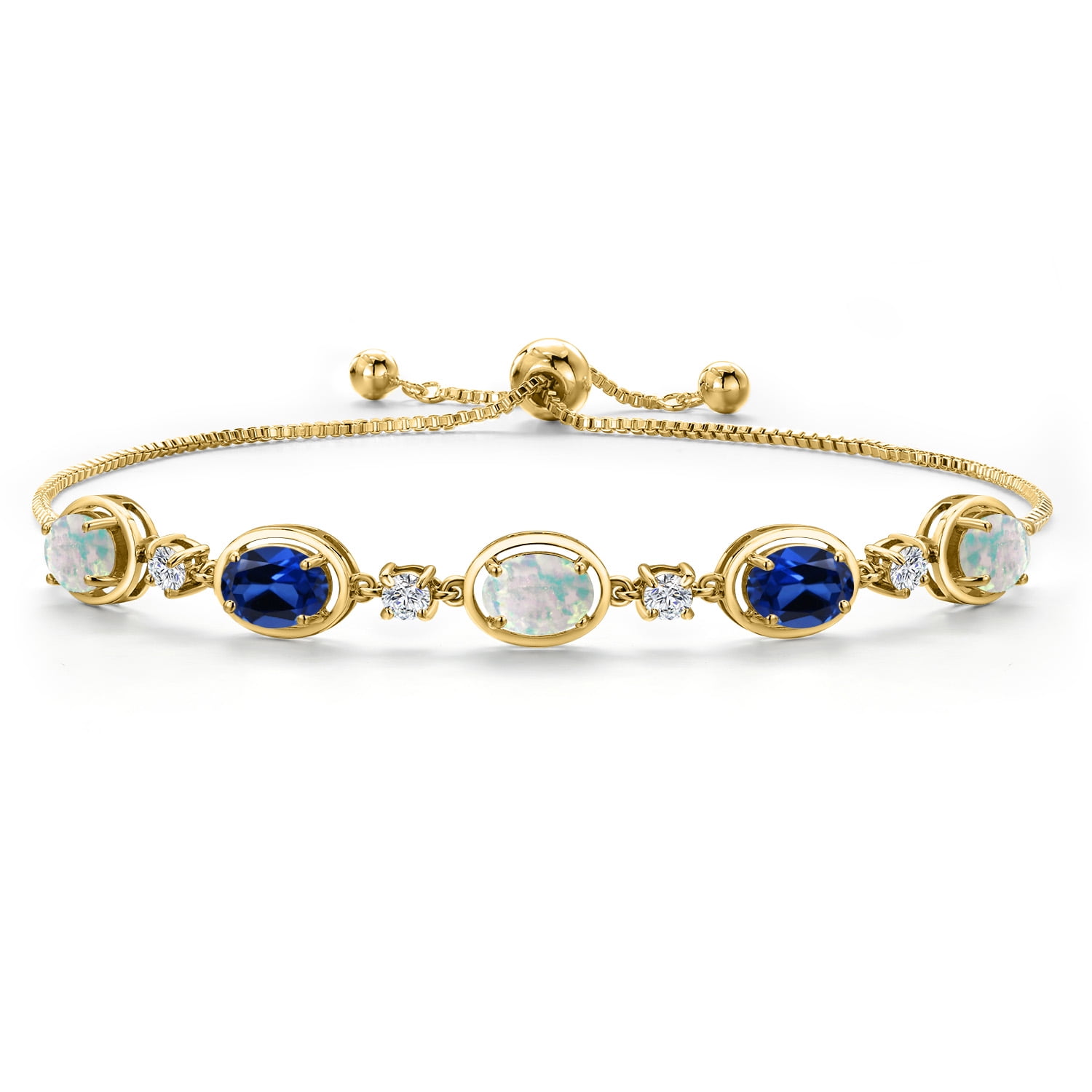 18K Yellow Gold Plated Silver Simulated White Opal and Blue Created Sapphire and Moissanite Tennis Bracelet for Women | 5.00 Cttw | October Birthstone | Oval Cabochon 7X5MM | Fully Adjustable 10 inch