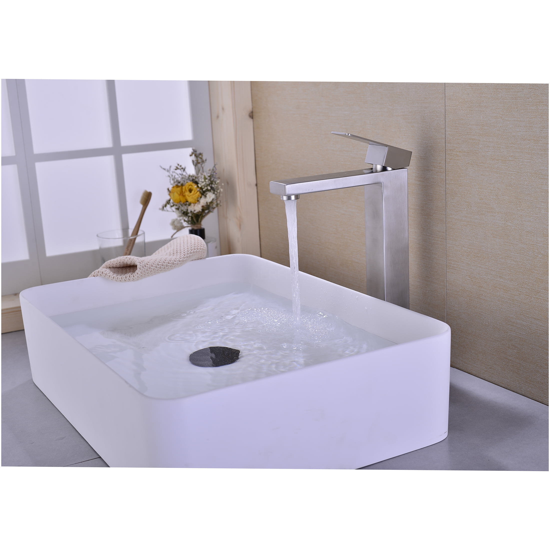 JERFIT Brushed Nickel Single Hole Bathroom Sink Faucet with Pop Up Drain, No-Overflow, Stainless Steel 1-Handle Vessel Lavatory Faucet