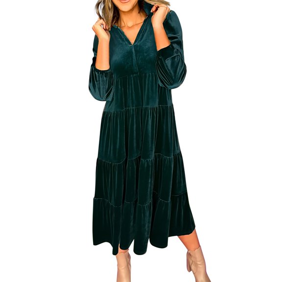 VUPSGEZ Women'S Solid Color Gold Velvet Wide Hem Loose Slimming V Neck Dress (Green,M)