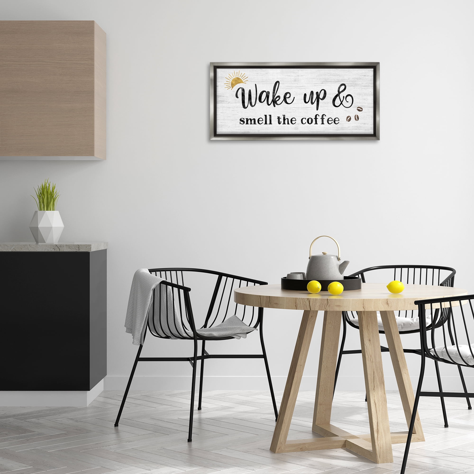Stupell Industries Wake up Smell Coffee Food & Beverage Painting Gray Floater Framed Canvas Art Print Wall Art, 31 x 14