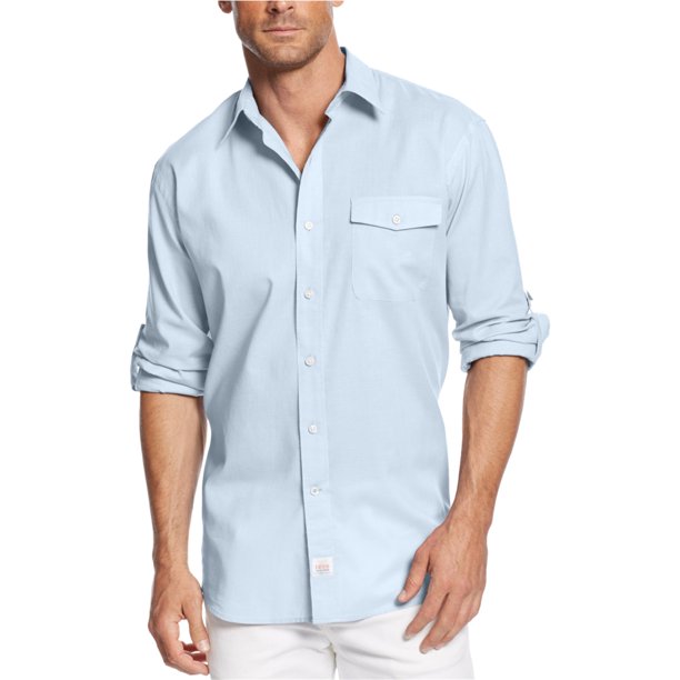 IZOD Camisa abotonada con bolsillo para hombre, azul, grande IZOD Botones al frente