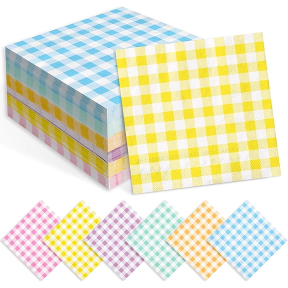 Gingham Cocktail Napkins, 6 Pastel Colors Plaid Paper Napkins, Colorful Checkered Disposable Dinner Napkins for Party Table Decorations