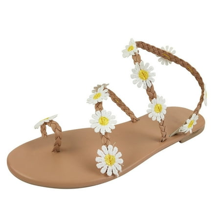 CHOII Clearance Women s Fashion Summer Boho Flat Non Slip Sandals Beach Casual Shoes Natural Style Flip Flops for Women Beautiful Daisy Buckle Ankle Strap Sandals White/9.5
