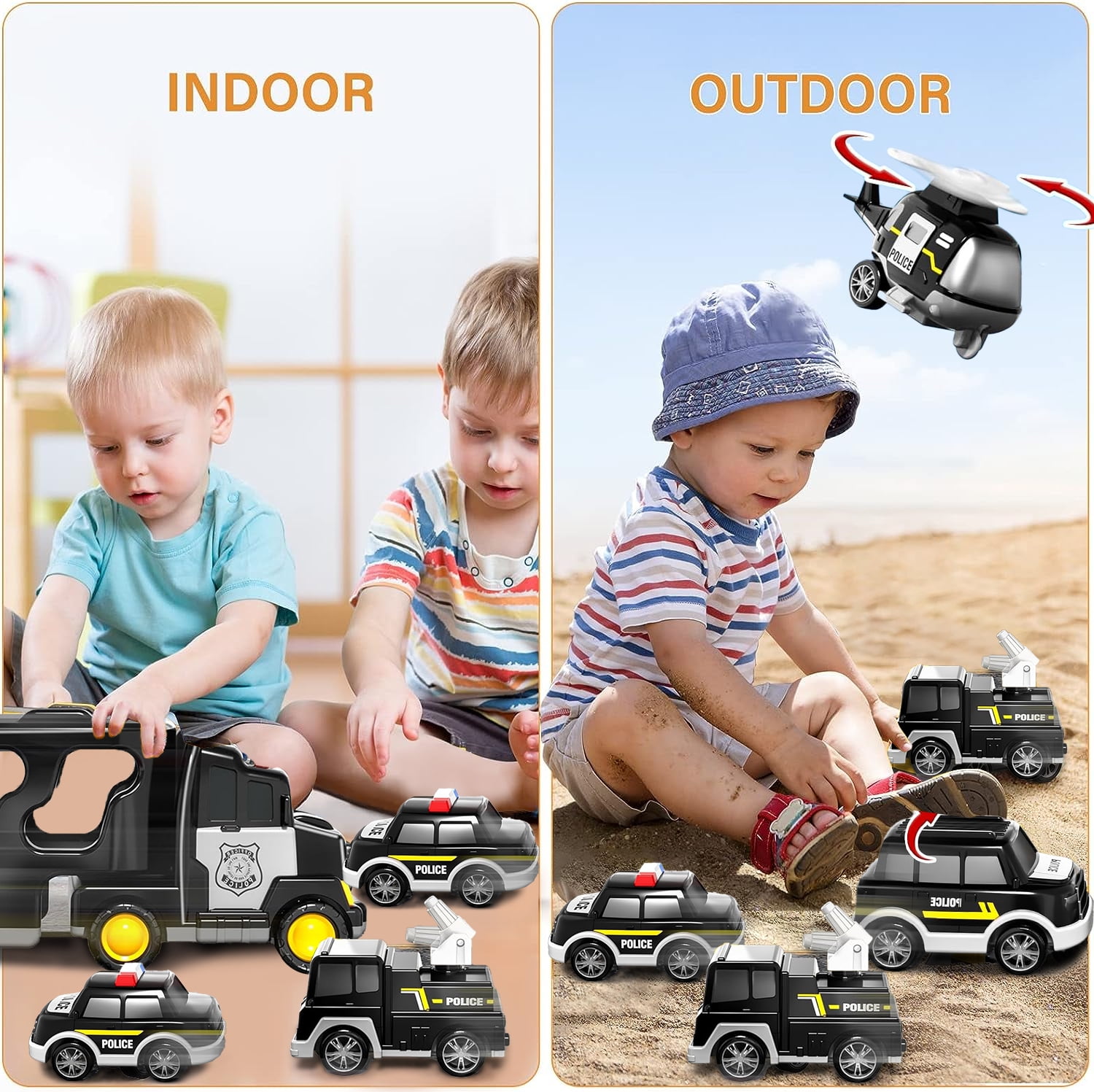 PayUSD Construction Toddler Police Truck Car Toys for 3 4 5 6 Year Old Boys 5 in 1 Construction Car Trucks Playset with Play Mat & Accesoories, Birthday Gifts for Toddlers Kids Boys Girls Age 3-5