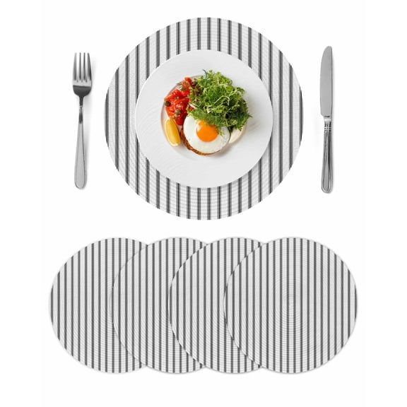 Black Striped Round 15 Inch Placemats Set of 4, Black White Stripes Farmhouse HeatResistant Non Slip Place Mats for Dining Table, Wipeable Braided Kitchen Table Mats for Housewarming