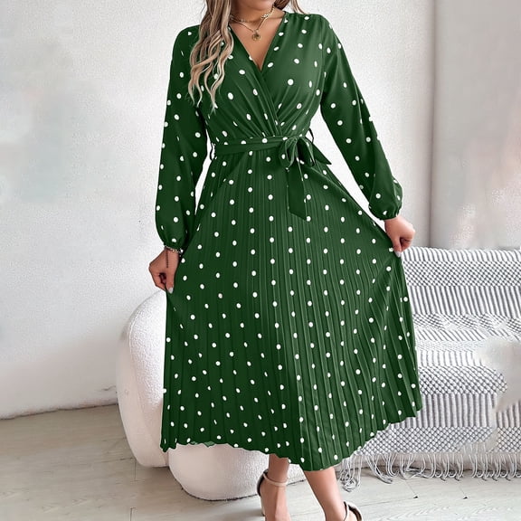 ClodeEU Women's Polka Dot V Neck Long Sleeve Wrap Waist Midi Dress,Elegant Casual Swing Dress Green,Women's Plus L