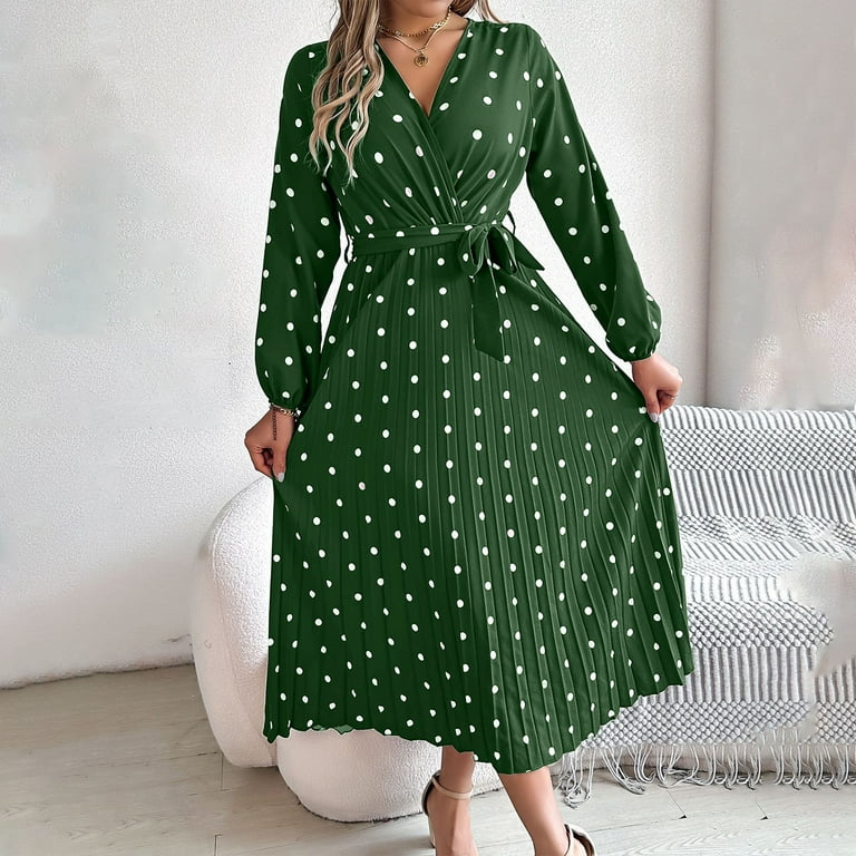 PuLe Long Sleeve Dress for Women Fall Women's Polka Dot Wrap V Neck Belt Long  Sleeve Pleated Maxi Dress Flowy Casual Long Dress - Walmart.com