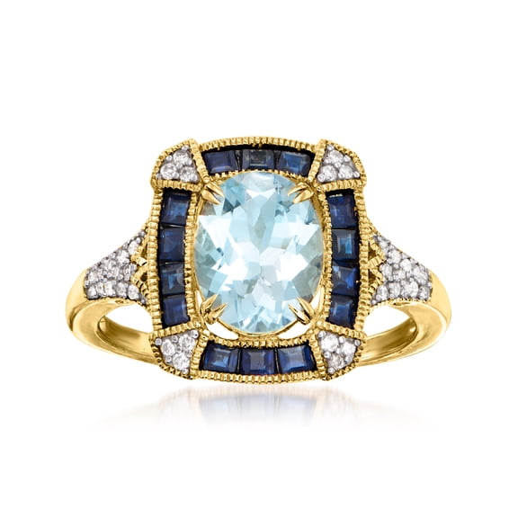 Ross-Simons 1.50 Carat Aquamarine and .70 ct. t.w. Sapphire Ring With .12 ct. t.w. Diamonds in 14kt Yellow Gold, Women's, Adult
