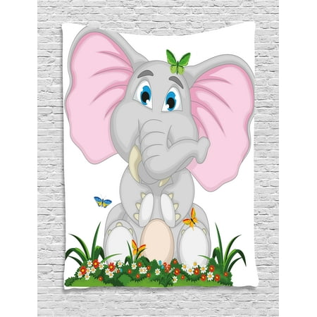 Butterfly Tapestry Wall Hanging - Elephant Nursery Decor Tapestry, Friendly Elephant Cartoon in Garden Daisies Butterflies Huge Ears, Wall Hanging for Bedroom Living Room Dorm Decor, 40W X 60L Inches, Multicolor, by Ambesonne