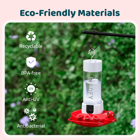 BIRDFY - Smart Hummingbird Feeder, w/Dual HD Cameras, Solar Power, and AI Enabled Bird Recognition - Red and White