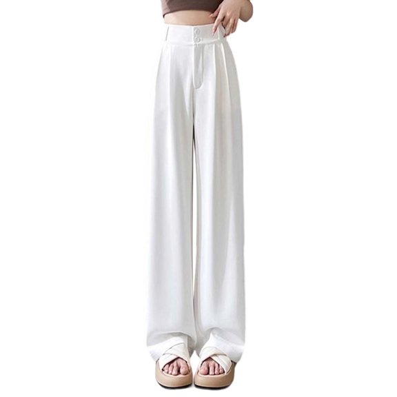 Womens Casual Pants Womens High Waisted Straight Leg Pants Flowy Wide Leg Trousers Soft Chiffon Casual Comfortable Summer Fall Loose Fit Stretchy Elastic Waist Lightweight Breathable