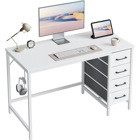40 Inch Computer Reversible Desk with 4 Storage Drawers, Small Home Office Kids Student Studying Table for Bedroom, White