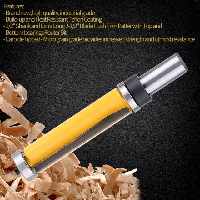 Fresa Recta de Vástago de 1/2"Broca para Trabajo en Madera Herramienta de Broca de Fresadora con Acabado al Ras 2-1/2" L x 3/4'' Dia con Cortador Largo Rodamiento Superior e Inferior Ecomeon no