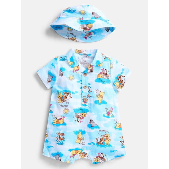 Winnie the Pooh Baby Boys' Print Cotton Romper and Bucket Hat Set, 2-Piece, Sizes 0/3M-24M