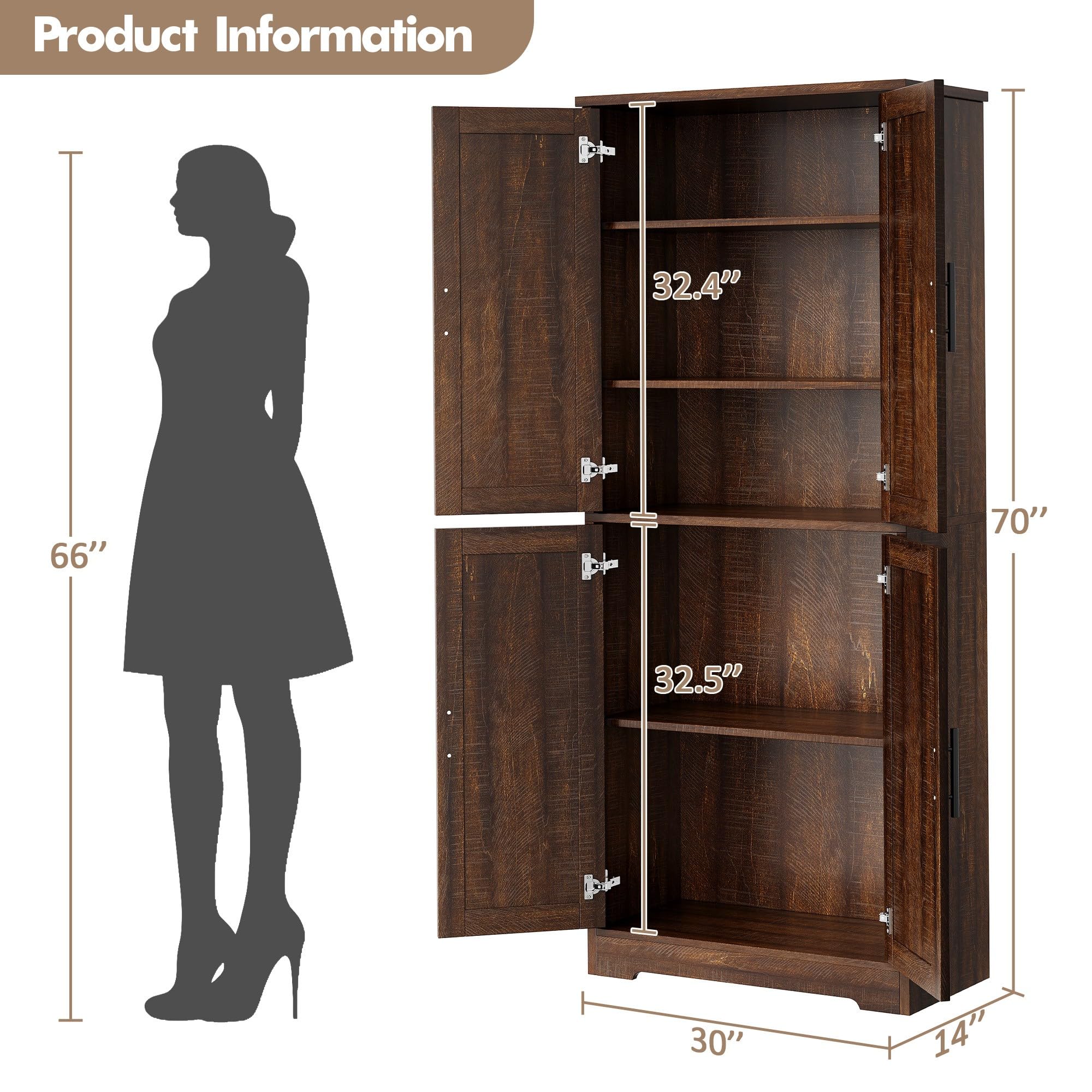 BouPower Pantry Cabinet,70" Tall Kitchen Pantry Cabinet with 2 Doors and 3 Adjustable Shelves, Freestanding Cupboard, Modern Tall Storage Cabinet for Bathroom, Dining Room, Living Room