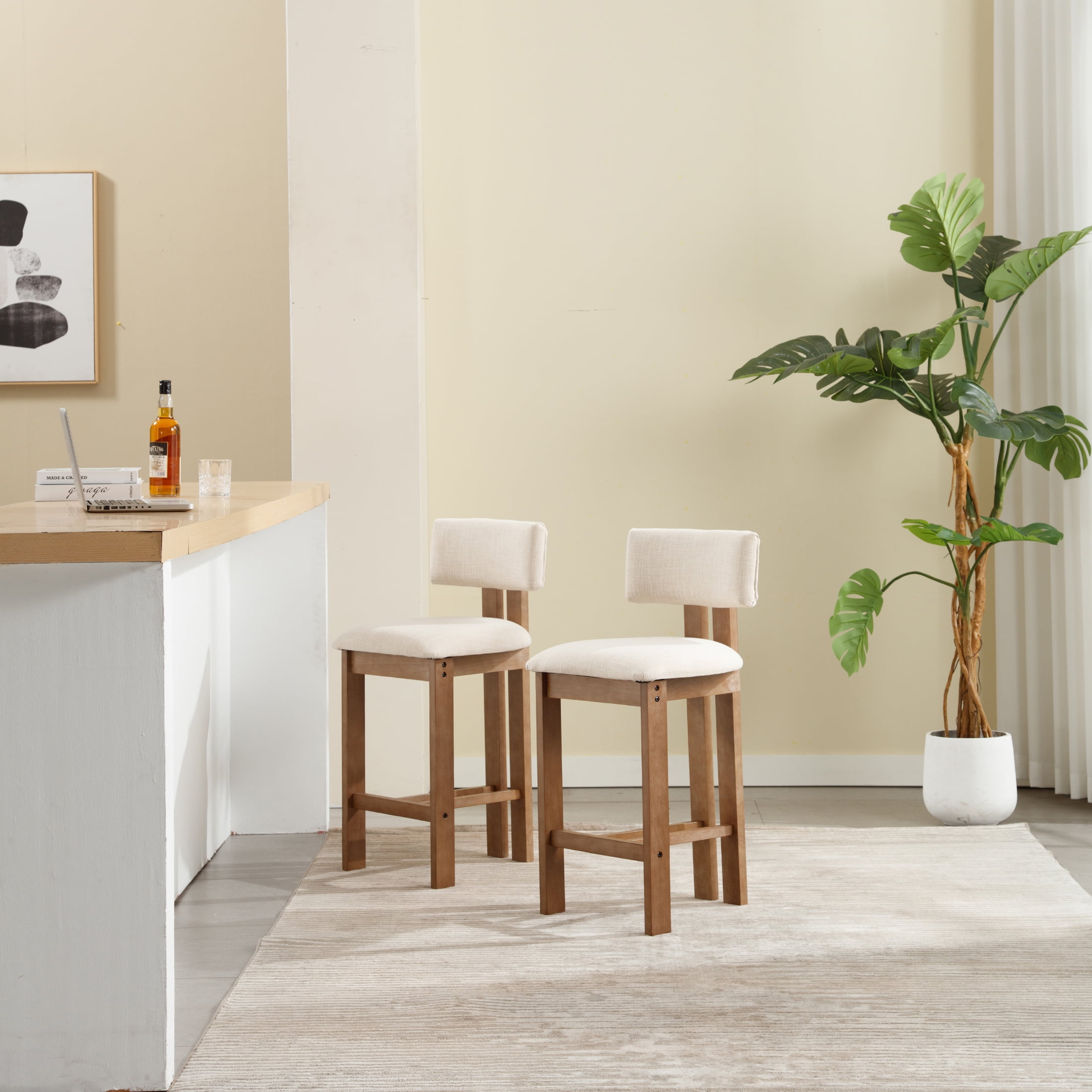 Guyou Modern Bar Stools Set of 2, 26 Inch Counter Height Bar Stools with Curved Backrest, Linen Upholstered Counter Stools, Wooden Kitchen Island Chairs for Kitchen Bar Cafe, Beige