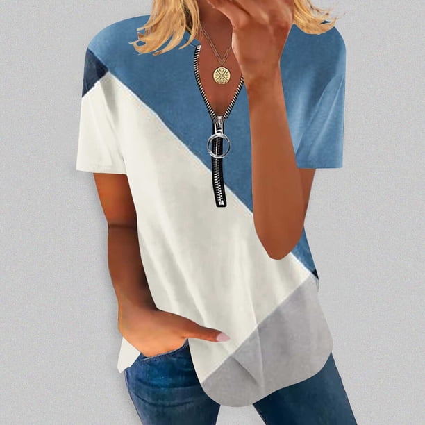 Fiudx Camisas para Mujer Blusa Superior con Estampado de Manga Corta y Cuello En V, Cómoda E Informal, a La Moda para Mujer