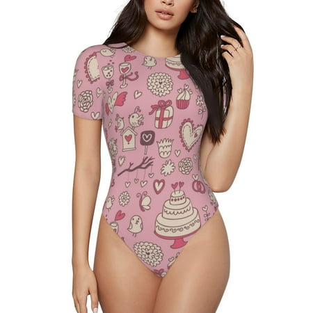 Salouo Cute Love for Women s Short Sleeve Bodysuit Sexy Bodysuits One Piece Round Neck Bodysuit Shapewear Tummy Control-Small
