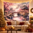 thumbnail image 3 of Cherry Blossom Bridge with River and Pavilion, Peaceful Japanese Inspired Art for Nature Lovers, Oriental Landscape Decor, Housewarming Gift Tapestry Wall Hanging for Living Room and Bedroom, 3 of 7