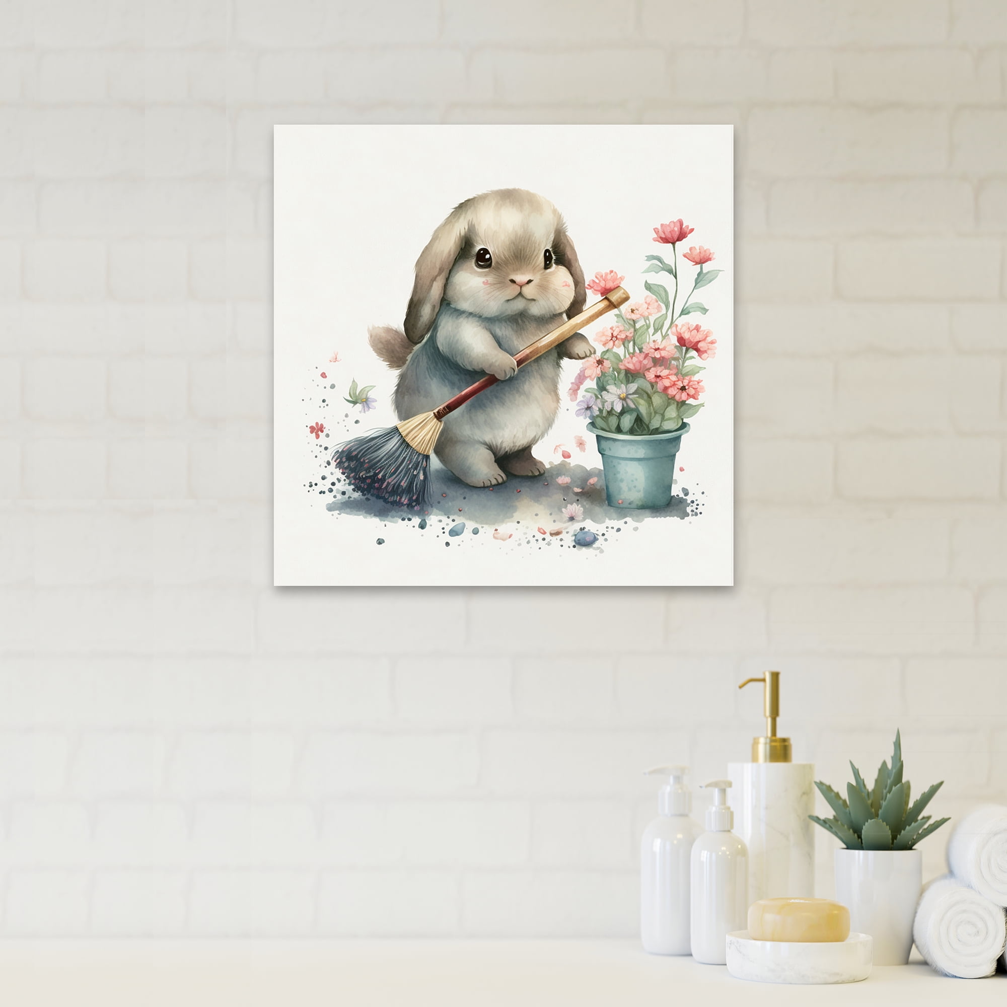 Designart Bunny Cleaning Bathroom III Canvas Wall Art