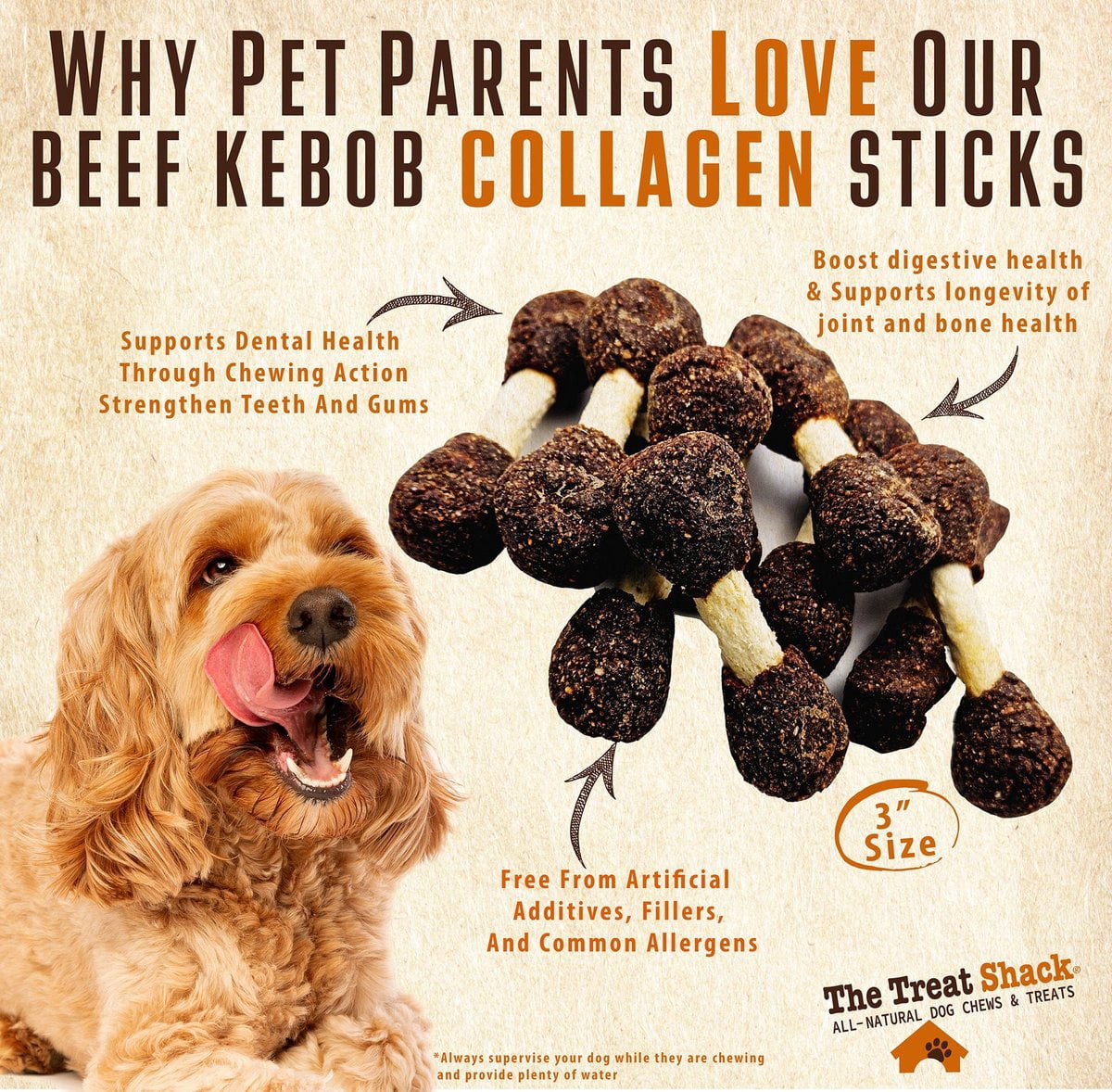 3" Beef Kebob Crunchy Munchy Sticks Dog Treats, 24 count