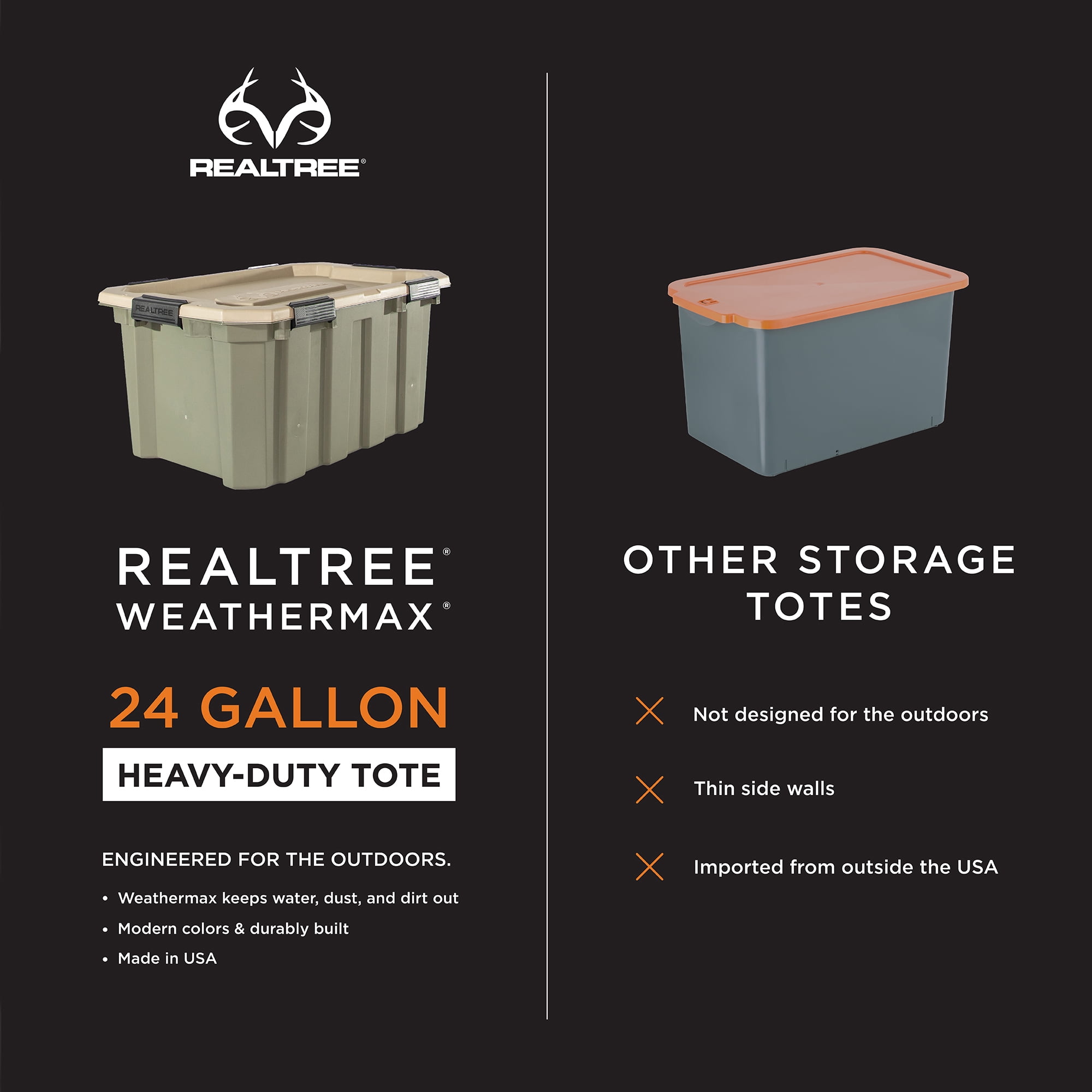 Realtree® WEATHERMAX™ 24 Gallon Green and Tan Storage Tote with Latching Lid, Heavy Duty Plastic Storage Bin, Pack of 2