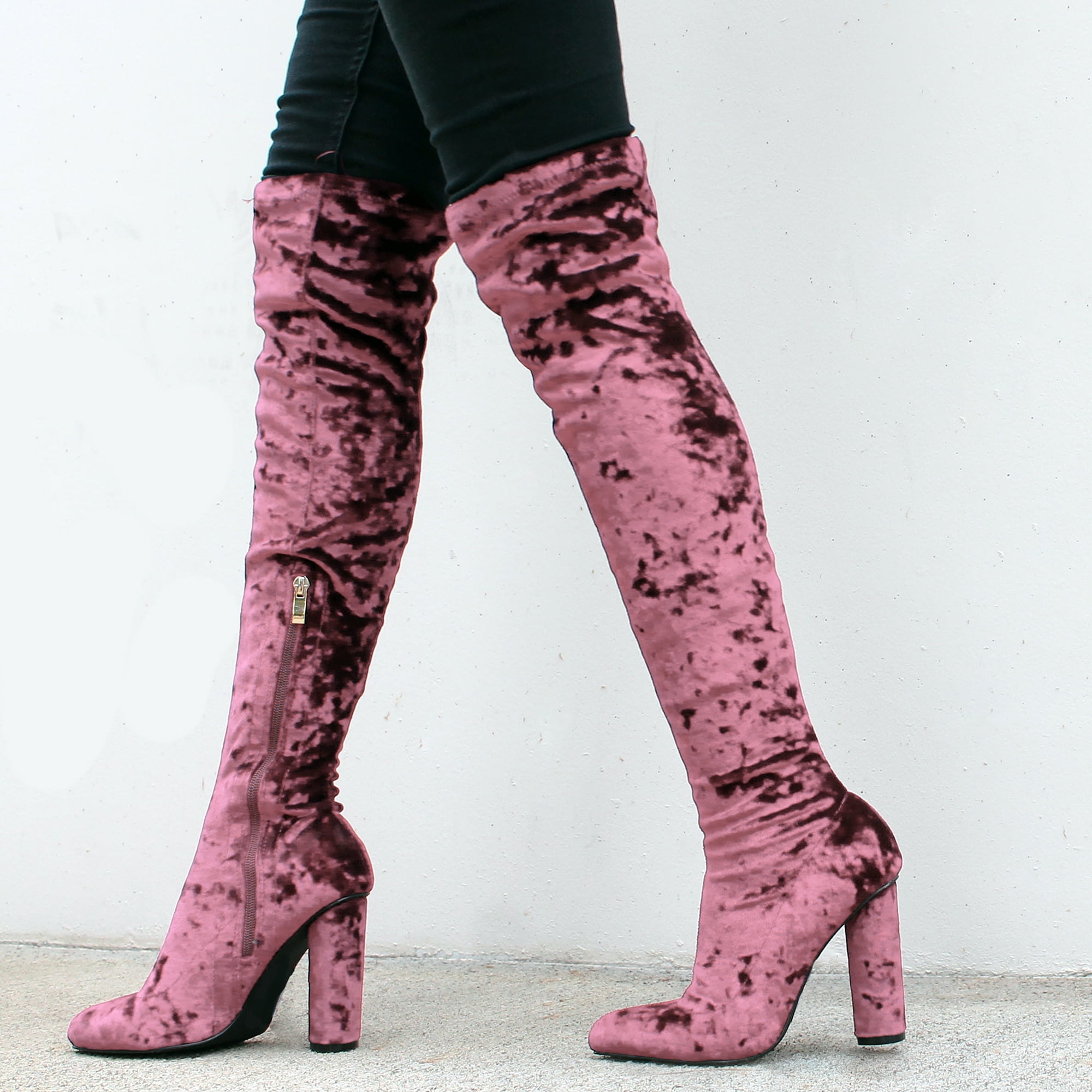 pink knee high heel boots