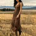thumbnail image 4 of Karymi Faux Suede Midi Bodycon Dress, Sleeveless U Neck Front Zip V Hem Fringe Western Cowgirl Party Dress Cocktail Dresses for Women, 4 of 5