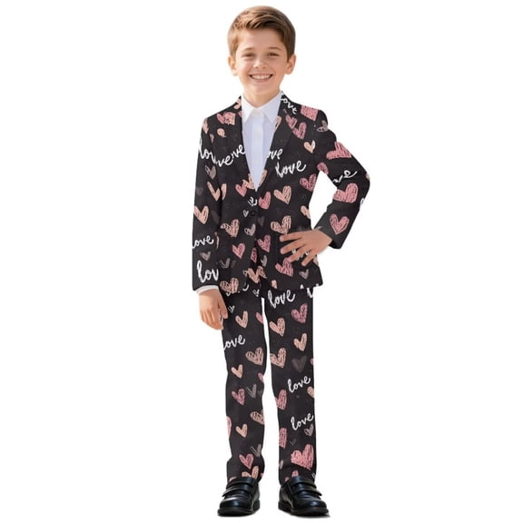 Xoenoiee Heart Love Print Boys' Formal Suit 2 Piece Set Blazer Set Toddler Tuxedos for Wedding, Valentine's Day Suits for Teens Boy Dress School Clothes, Size 5-6 Years