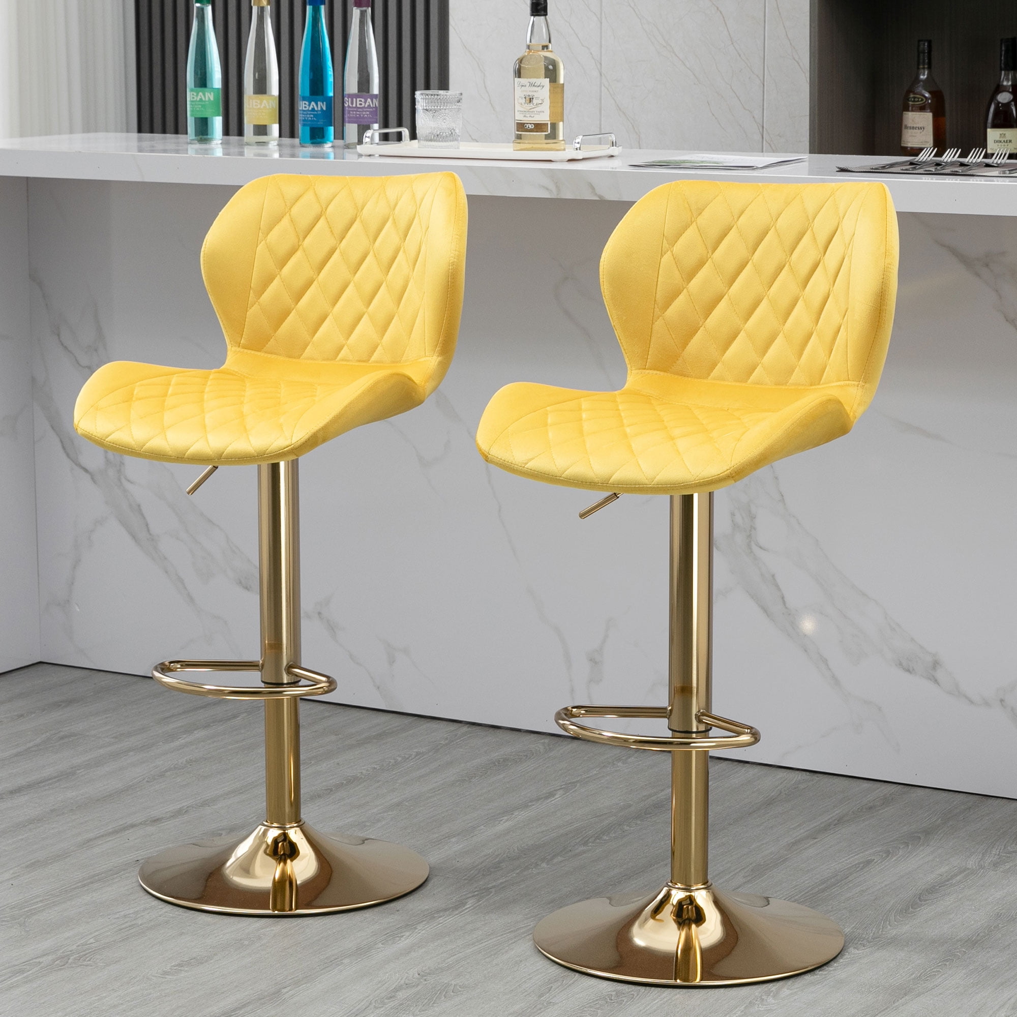 Velvet Adjustable Swivel Bar Stools Set of 2, Counter Height Barstools with Golden Metal Base