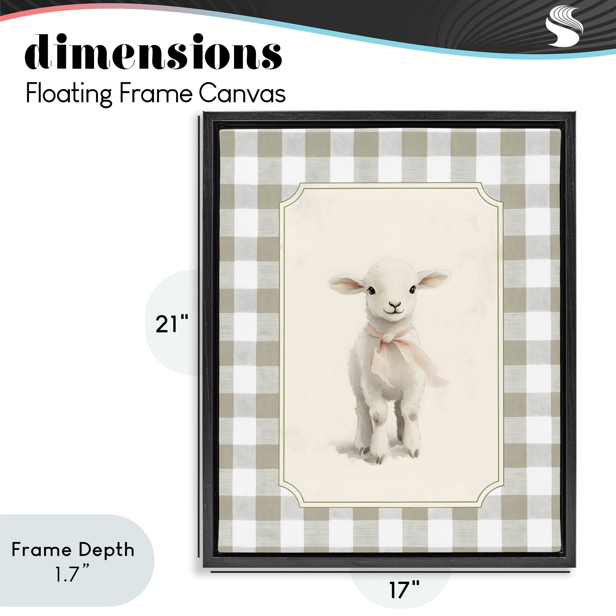Stupell Industries Gingham Lamb with Pink Ribbon Black Framed Floater Canvas Wall Art, design by Arlington Prints