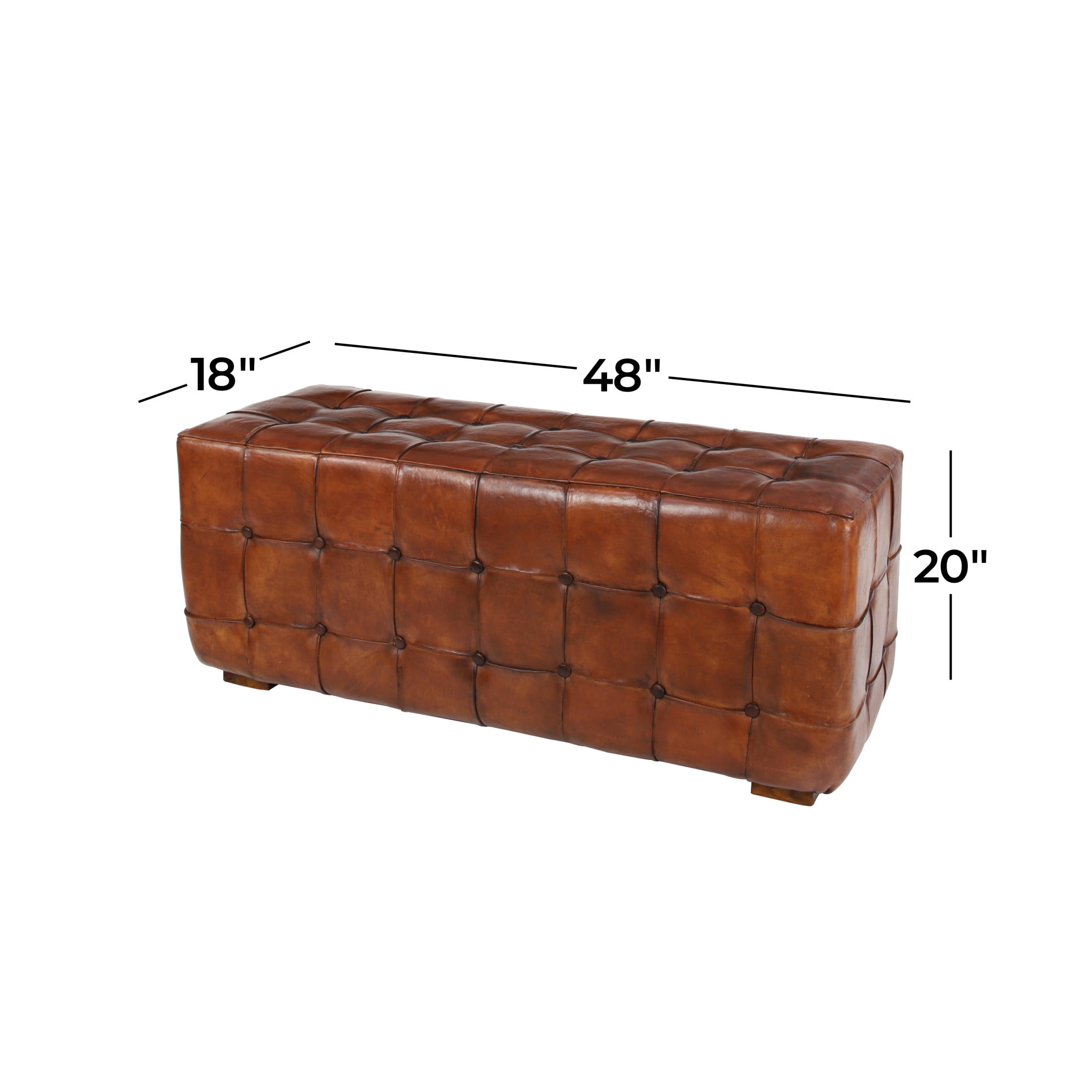 DecMode Leather Tufted Upholstered Bench with Block Feet, Brown