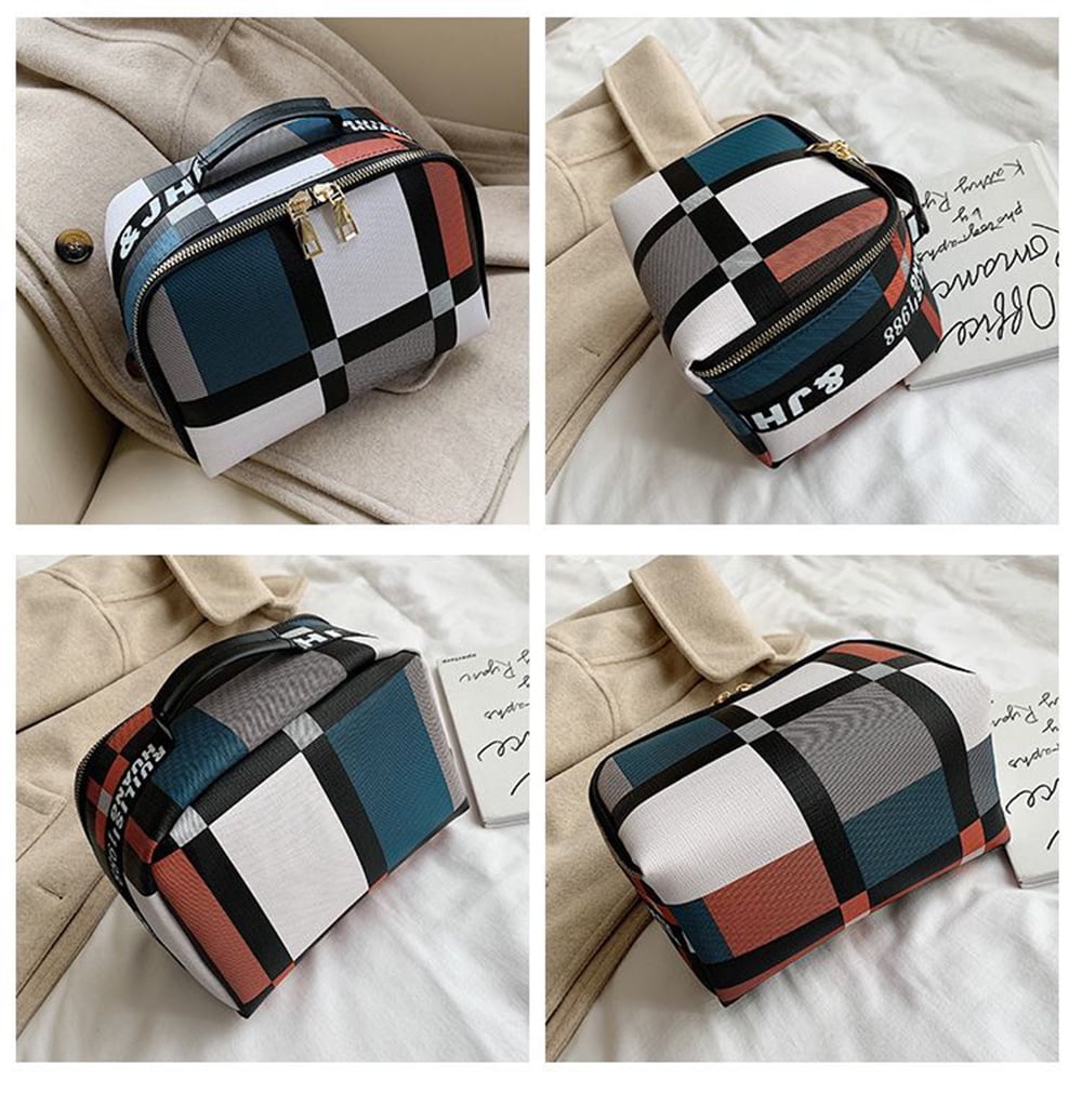 Grid Blocking Travel Toiletry Bag for Women,Portable Pouch Open Flat Makeup Organizer with Handle