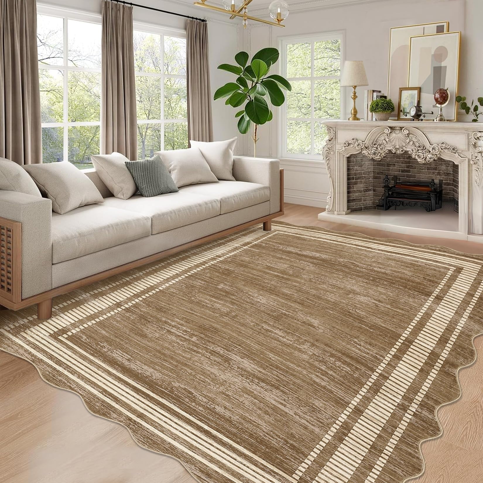 Scalloped Modern Abstract Area Rug 8x10 Washable Rug for Living Room, Non-Slip Soft Carpet for Bedroom, Scalloped Low-Pile Solid Print Accent Rug for Dining Room Home Office, Brown