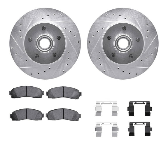 Dynamic Friction Company Front Brake Rotors-Drilled and Slotted-Silver with 5000 Advanced Brake Pads includes Hardware 7512-99348
