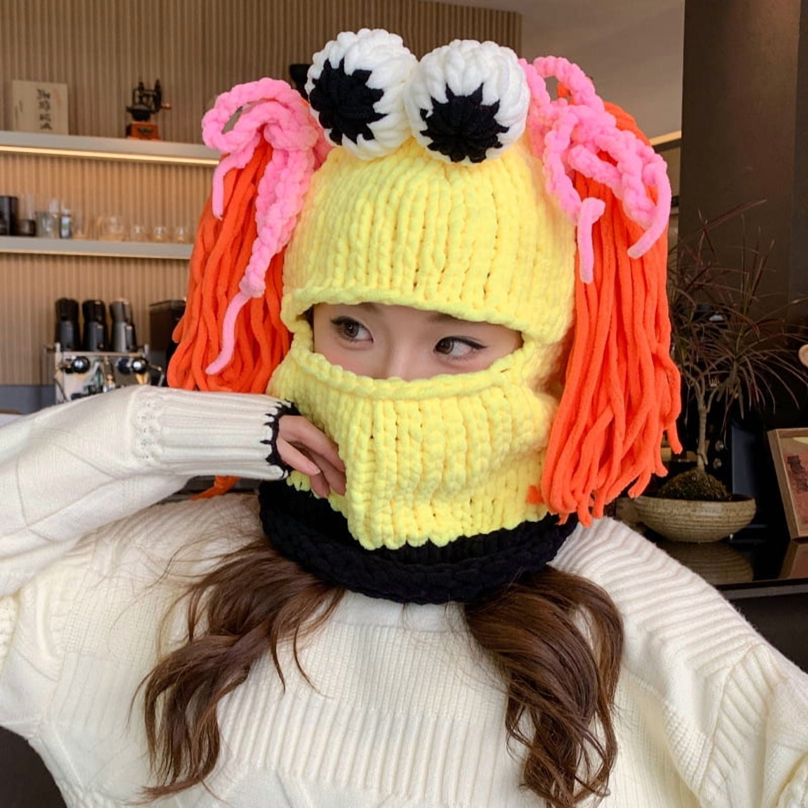 Bunny Ear Hat, Knitted Winter Beanie, Pink Bunny Ear & Devil Horn Balaclava Mask for Women – Soft Polar Winter Mask, Cute Cosplay & Halloween Costume Accessory