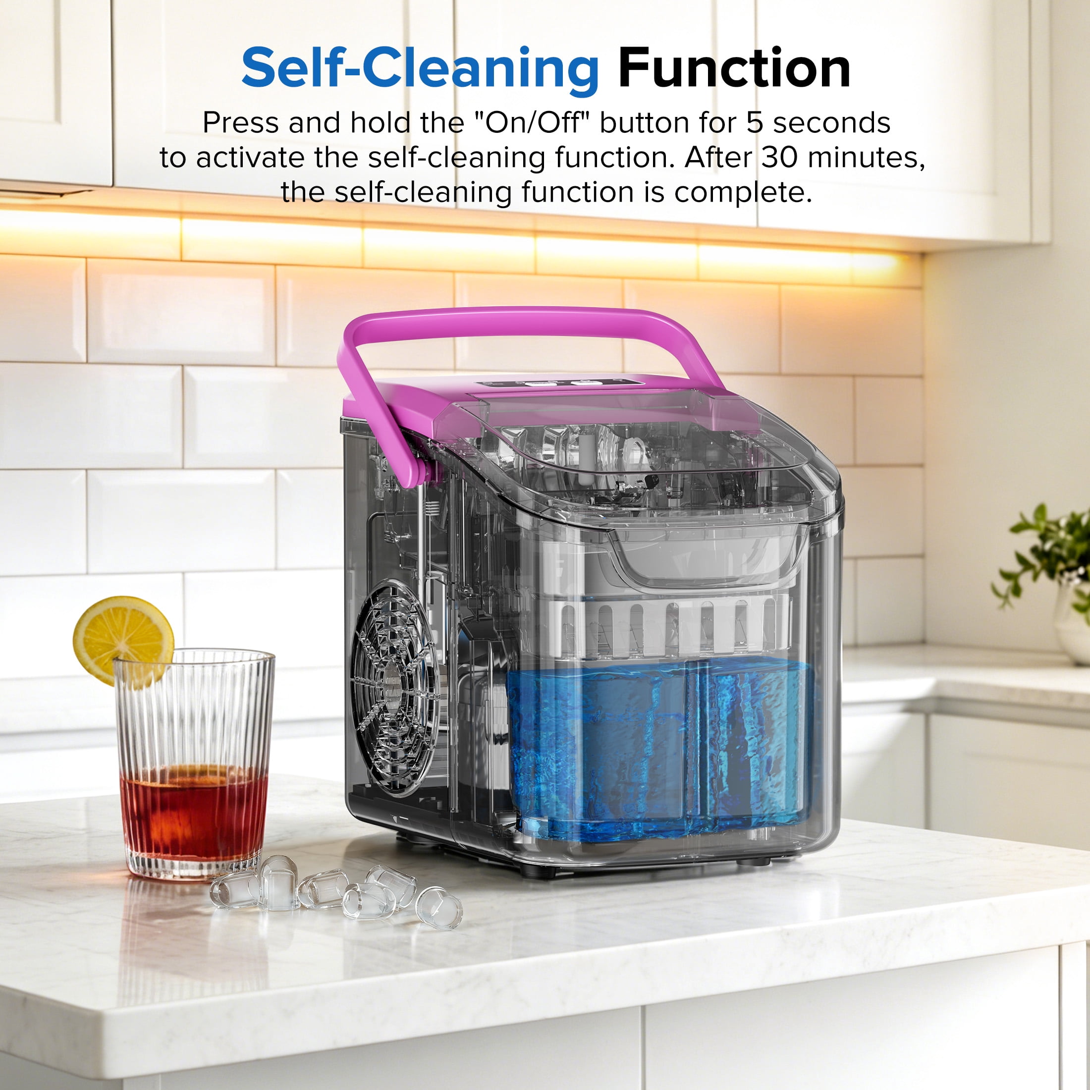 Auseo Countertop Ice Maker, 2 Sizes of Bullet Ice, 26Lbs/24H, 8 Ice Cubes in 6 Mins, Portable Ice Machine with Self-Cleaning for Home/Party/Travel/Camping (Light Purple)