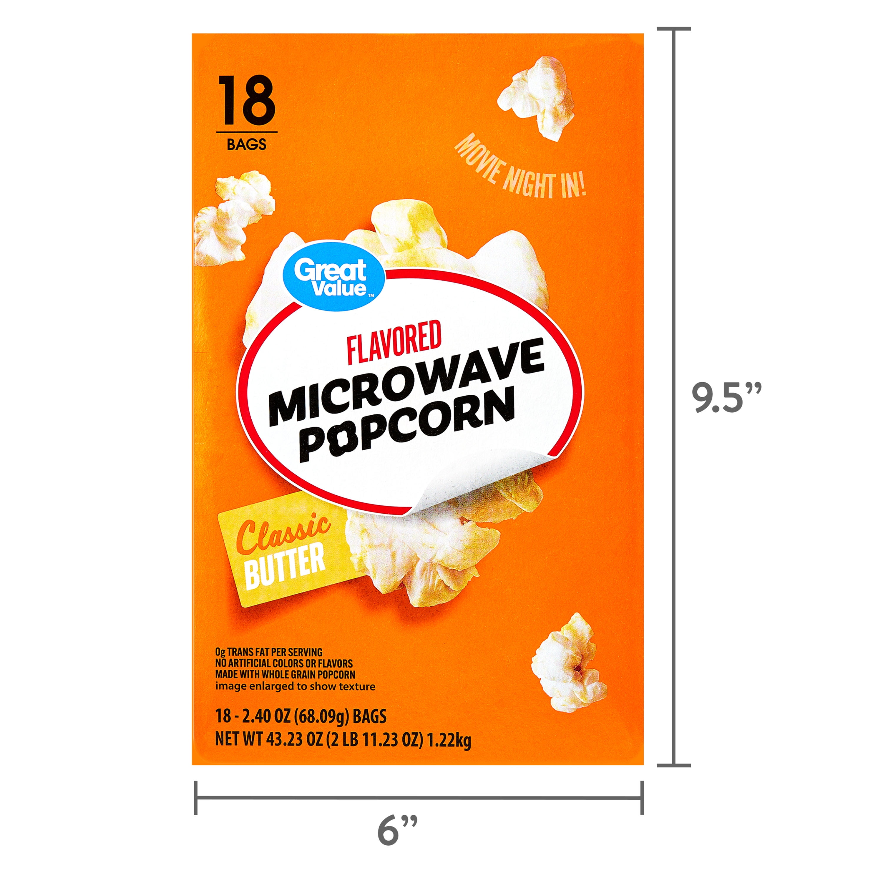 (4 pack) Great Value Classic Butter Flavored Microwave Popcorn, 2.4 oz, 18 Count