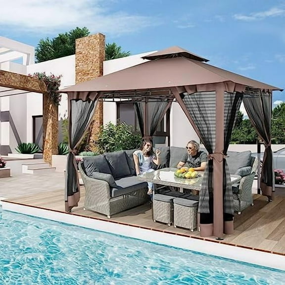 SANOPY 10'x10' Canopy Gazebo, Assembled Style Wrought Iron Gazebo Tent Can Accommodate 6-10 People with 4 Detachable Mosquito Net Side Walls for Garden, Yard, Beach