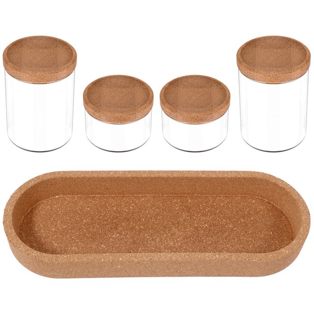 4Pcs Glass Storage Jars with Wood Lid Stackable Glass Food Canisters with Tray Airtight Seal Spice Jars Set Clear Glass Seasoning Container Reusable Storage Jar for Kitchen Sugar Salt