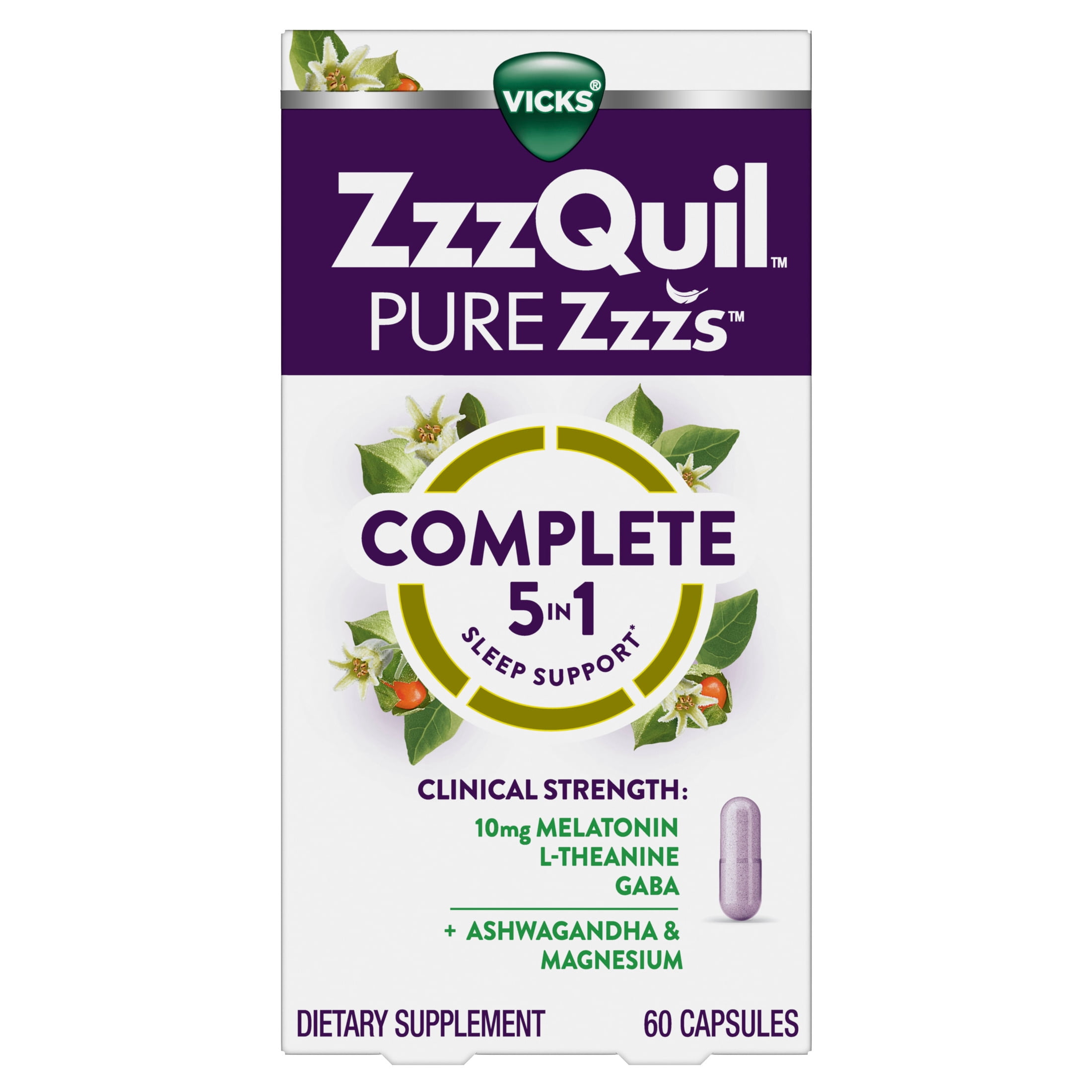 ZzzQuil PURE Zzzs Sleep Aid, 5-in-1 Capsules with Melatonin 10mg and Magnesium, 60 Count