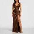thumbnail image 4 of BRGZLK Formal Dresses for Women Satin V Neck Sleeveless Cocktail Wedding Guest Maxi Dress Pleated High Waist Wrap Split Evening Gowns Brown XL, 4 of 9