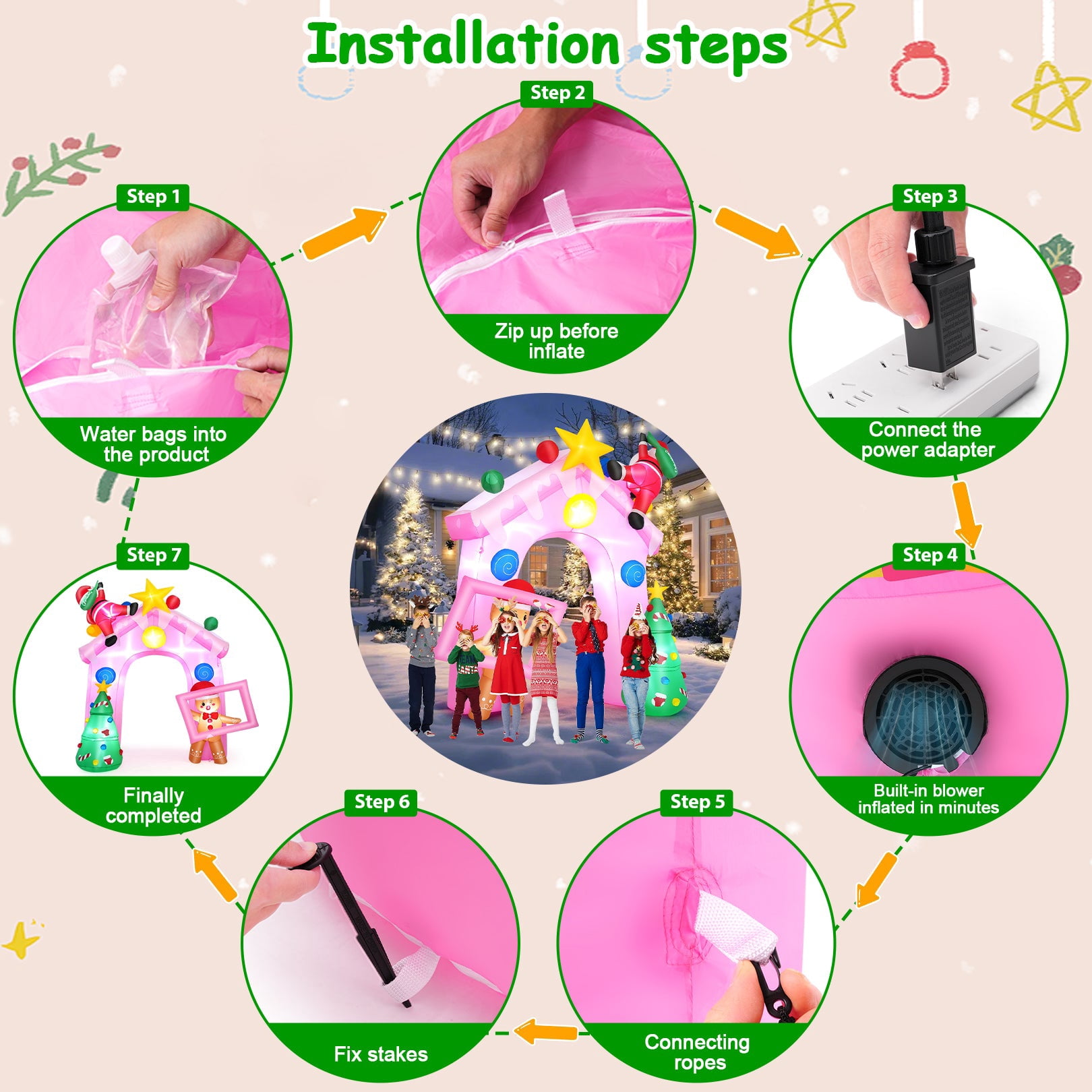 Funcid 10FT Pink Christmas Inflatable Archway with LED Lights - Candy House Holiday Yard Decoration with Santa & Gingerbread Man